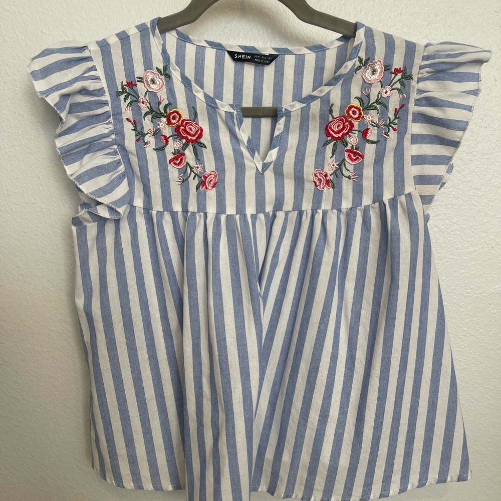 SHEIN Striped Blouse with Red Floral Embroidery